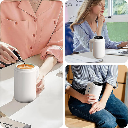 13.5Oz Self Stirring Mug, LED Temperature Display Magnetic Stirring Cup, 316 Stainless Steel Auto Mixer Cup, Auto Magnetic Stirring Coffee Mug for Coffee, Milk, Protein Powder (White)