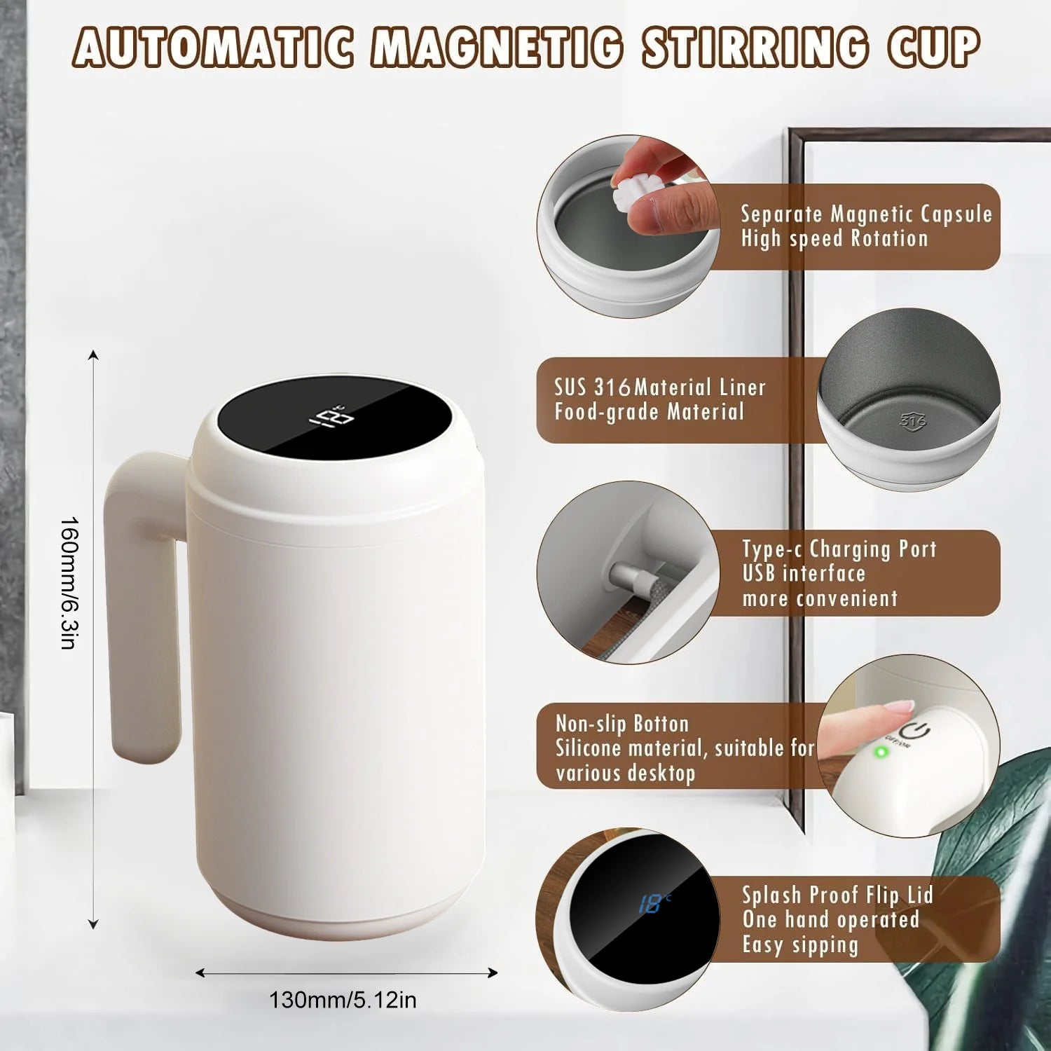 13.5Oz Self Stirring Mug, LED Temperature Display Magnetic Stirring Cup, 316 Stainless Steel Auto Mixer Cup, Auto Magnetic Stirring Coffee Mug for Coffee, Milk, Protein Powder (White)