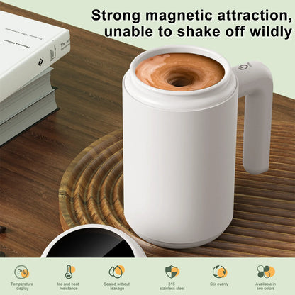 13.5Oz Self Stirring Mug, LED Temperature Display Magnetic Stirring Cup, 316 Stainless Steel Auto Mixer Cup, Auto Magnetic Stirring Coffee Mug for Coffee, Milk, Protein Powder (White)