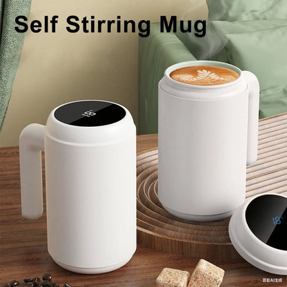 13.5Oz Self Stirring Mug, LED Temperature Display Magnetic Stirring Cup, 316 Stainless Steel Auto Mixer Cup, Auto Magnetic Stirring Coffee Mug for Coffee, Milk, Protein Powder (White)